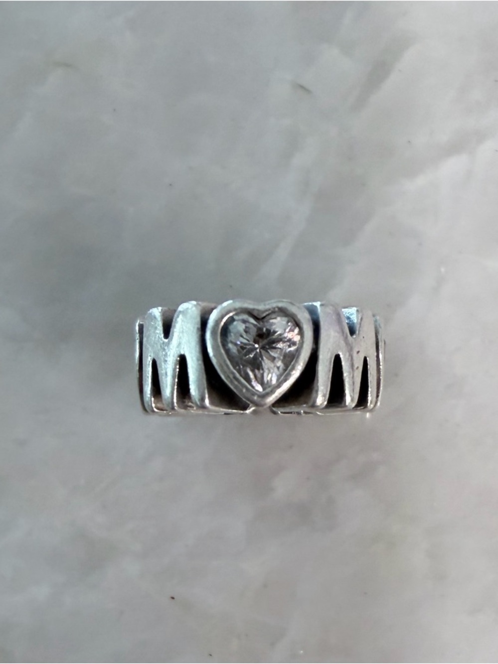 Pandora Silver MOM Bracelet Charm with Clear Heart Stone